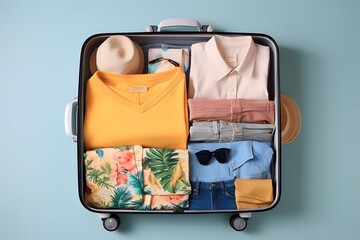 top view holiday traveling clothes packed in a suitcase for a holiday trip - obrazy, fototapety, plakaty