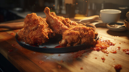 Fried chicken on the table and kitchen background with sunny rays for advertise. Created using generative AI.