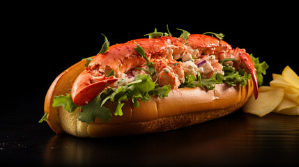 Front view fragrant lobster roll and chips with plain black background and warm light for advertise and presentation. Created using generative AI.