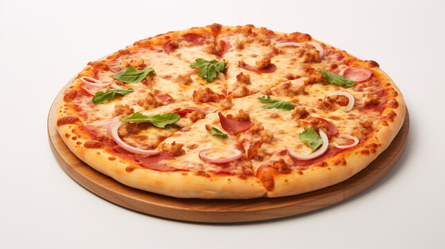 Front view fragrant pizza with plain white background and warm light for advertise and presentation. Created using generative AI.