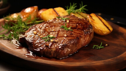 Rib eye and baked potato on the table and kitchen background with sunny rays for advertise. Created using generative AI.