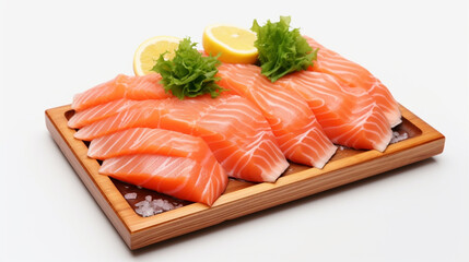 Front view fragrant Salmon fillet with plain white background and warm light for advertise and presentation. Created using generative AI.