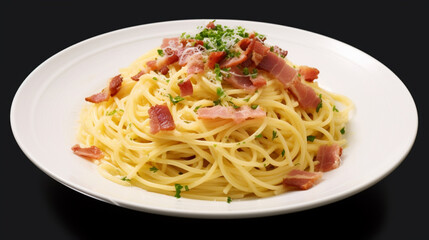 Top view fresh Spaghetti carbonara with clear black background and spotlight for product presentation. Created using generative AI.