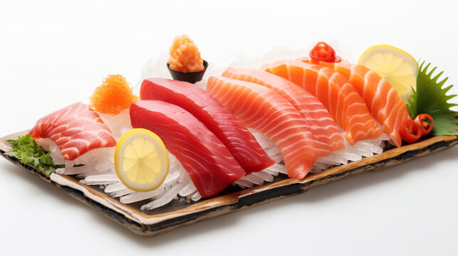 Front view Japanese Salmon maguro Sashimi and fillet with plain white background and warm light for advertise and presentation. Created using generative AI.