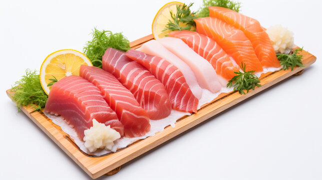 Front view fresh Salmon maguro and tai fillet with clear white background and spotlight for product presentation. Created using generative AI.