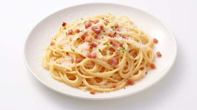 Top view fragrant Spaghetti carbonara with plain white background and warm light for advertise and presentation. Created using generative AI.