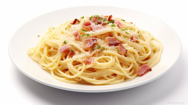Front view fragrant Spaghetti carbonara with white background and spotlight for advertise and presentation. Created using generative AI.