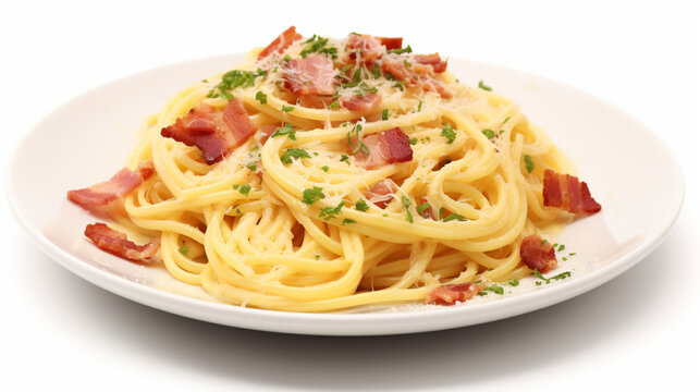 Front view fragrant Spaghetti carbonara with plain white background and warm light for advertise and presentation. Created using generative AI.