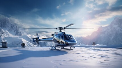 Fototapeta na wymiar Hyper-realistic ski resort helipad with a helicopter waiting to whisk thrill-seekers to untouched backcountry slopes,