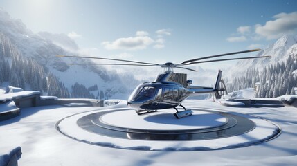 Hyper-realistic ski resort helipad with a helicopter waiting to whisk thrill-seekers to untouched backcountry slopes