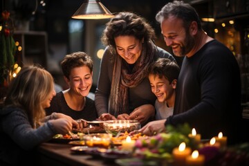 A heartwarming scene of a multi-generational family gathered around a long dining table, holding hands and sharing what they're thankful for before their Thanksgiving meal - obrazy, fototapety, plakaty