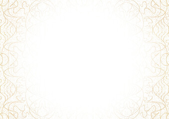 Vignette of golden hand-drawn pattern with splatters of golden glitter isolated on transparent background. Copy space. Digital artwork, A4.. (pattern: p02-1b)