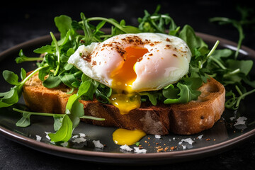 Eggs on toast, sourdough bread, garnished with greens, breakfast photo. food photography - obrazy, fototapety, plakaty