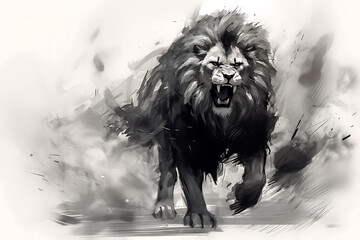 lion illustration in Chinese brush stroke calligraphy in black and grey drawing inking © makna