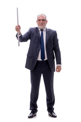 Old businessman holding metal stick isolated on white