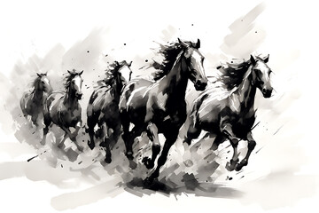 Horse illustration in Chinese brush stroke calligraphy in black and grey drawing inking