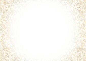 Vignette of golden hand-drawn pattern with splatters of golden glitter isolated on transparent background. Copy space. Digital artwork, A4. (pattern: p04a)