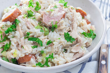 South Carolina chicken bog dish with smocked sausages, in bowl, horizontal, closeup