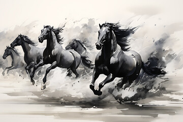 Horse illustration in Chinese brush stroke calligraphy in black and grey drawing inking