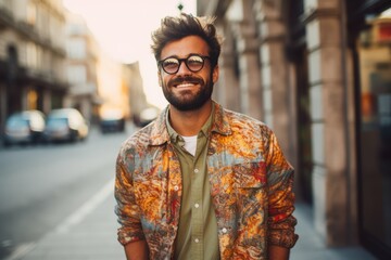 Portrait of a handsome young man in glasses on a city street - obrazy, fototapety, plakaty