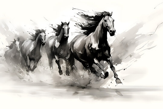 Horse illustration in Chinese brush stroke calligraphy in black and grey drawing inking