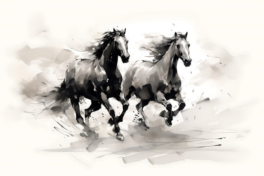Horse illustration in Chinese brush stroke calligraphy in black and grey drawing inking