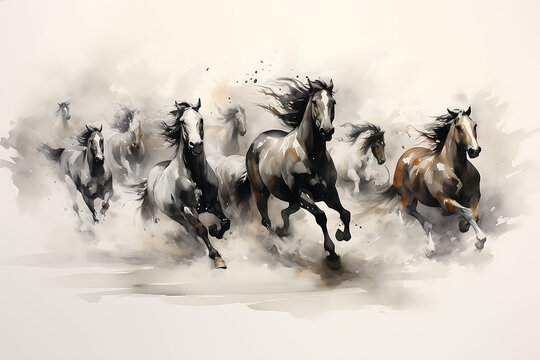 Horse illustration in Chinese brush stroke calligraphy drawing inking