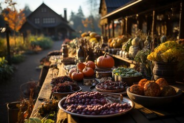 A scenic view of a Thanksgiving harvest festival, with vendors selling fresh produce, artisanal goods, and handcrafted decorations at a bustling market - 662493483