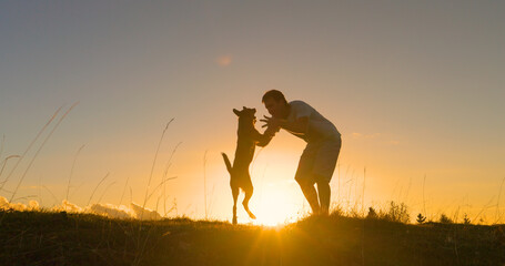 SILHOUETTE, LENS FLARE Playful dog and a young guy play on top of sunny mountain