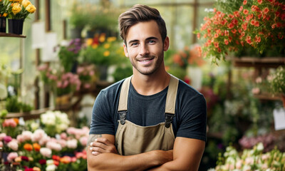 Portrait of a smiling young Caucasian man shop assistant in a flower shop looking at camera