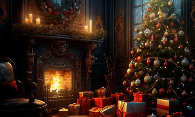 House with Christmas decoration, with fireplace, gifts, Christmas tree