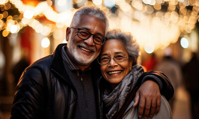 Obraz premium Middle aged African American couple looking at camera smiling in a city while enjoying