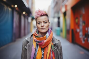 Portrait of a middle-aged woman with pink hair on the street. - obrazy, fototapety, plakaty