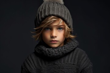 Portrait of a cute little boy wearing warm clothes. Studio shot.