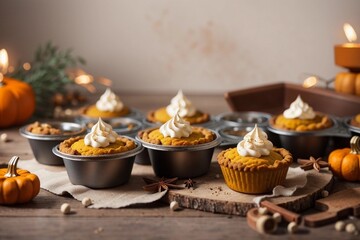 Obraz na płótnie Canvas Pumpkin pies with cream and spices baked in a mini muffin tin with copyspace for text