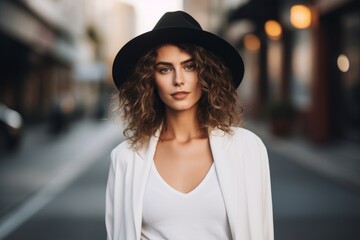 Portrait of a beautiful young woman in a hat and a white blouse on the street - obrazy, fototapety, plakaty