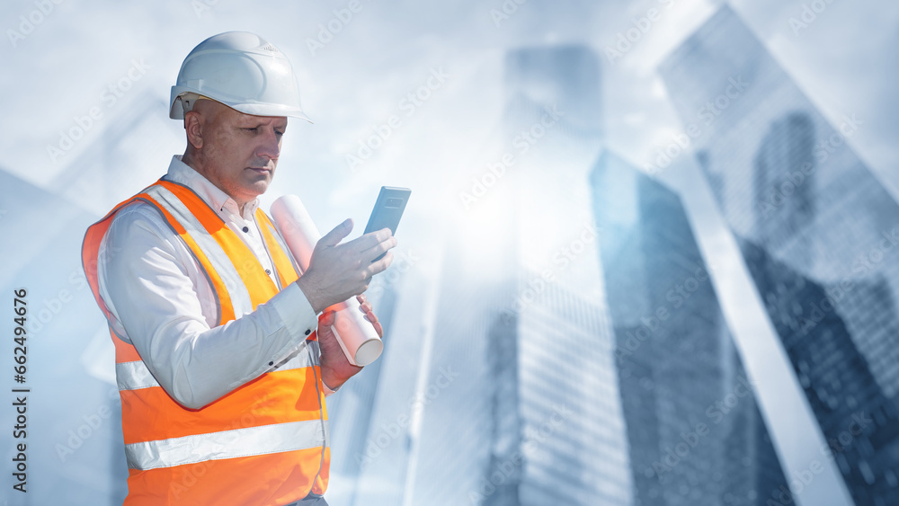 Aufkleber man construction manager. architect is holding phone. construction engineer in protective helmet. sk