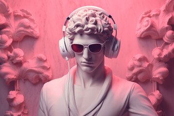 Ancient Greek sculpture of a man with headphones and sunglasses. - obrazy, fototapety, plakaty