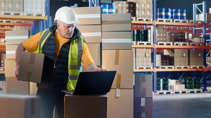 Man works in warehouse. Guy with boxes in fulfillment center. Storage building with multi-tiered...