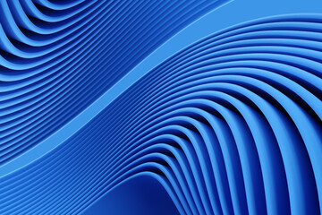Blue background. Backdrop with twisting parallel lines. 3d background for design. Abstract texture. Blue pattern. Wavy stripes are metaphor for sea or ocean. Blue background for advertising. 3d image