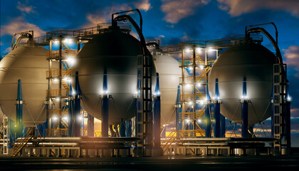 Industrial night landscape. Plant for production of cryogenic products. Spherical tanks near...