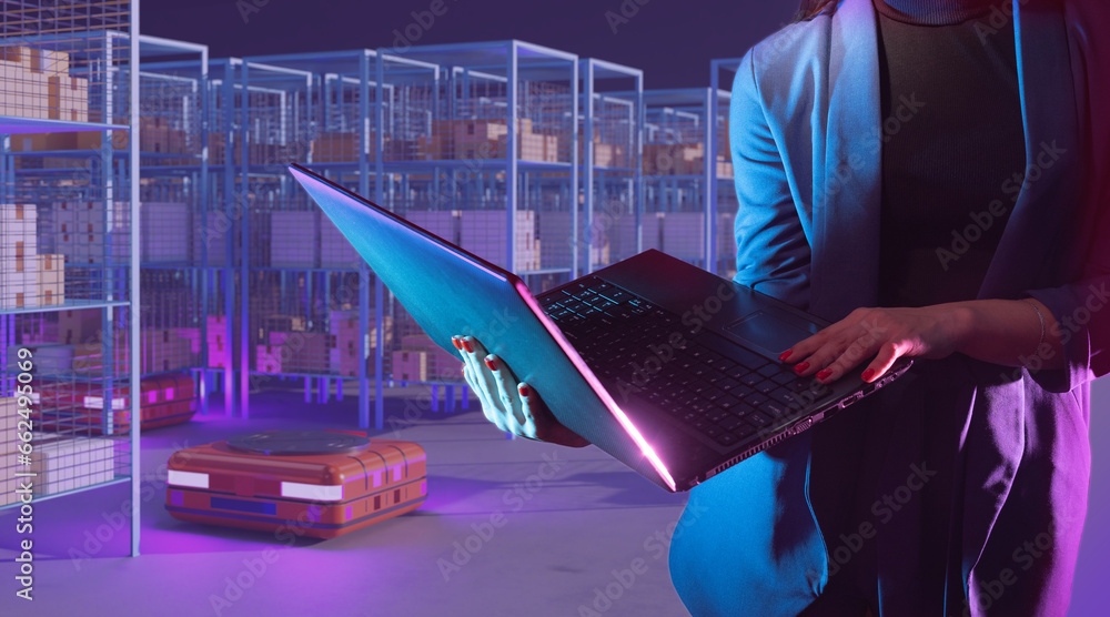 Poster laptop in hands of warehouse manager. automation fulfillment processes. cropped woman with laptops. 