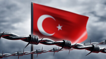 Turkey flag behind barbed wire. Sanctions for Turkish republic concept. Barbed wire symbolizes state border. National flag flutters in wind. State border turkey. Turkey symbol in cloudy sky. 3d image
