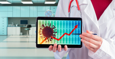 Virus outbreak infographic. Doctor shows tablet with morbidity graph. Cropped virologist reports on...