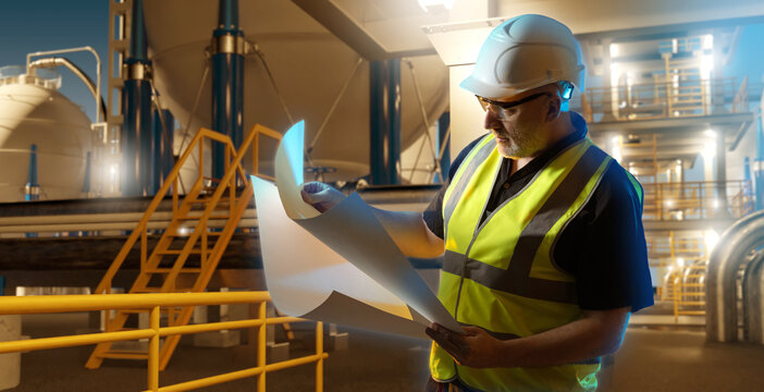 Man is industrialist. Factory engineer with papers. Technologist near evening factory. Enterprise with spherical high pressure tanks. Man engineer in protective helmet. Industrialist near BPVC