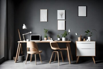 Workplace with white chair at wooden drawer writing desk against of window near dark grey wall Interior design