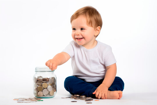 Financial Literacy for Kids: Teaching Investment, Budgeting, and Saving Through Piggy Banks. White background with copy space.