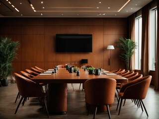 Luxo Empresarial: Sala de Reuniões com Poltronas Marrons de Couro