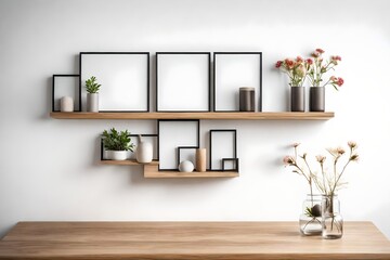 Wood floating shelf with frames and vases on white wall. Storage organization for home. Interior design 