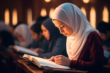 Dedicated to Faith: An Arab Student Girl Immersed in Quranic Studies and Islamic Education
